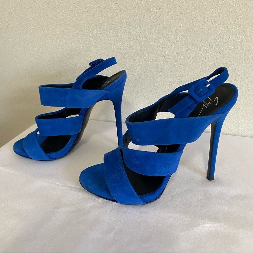 GIUSEPPE ZANOTTI Blue Suede Strappy Slingback Heels - Picture 2 of 10